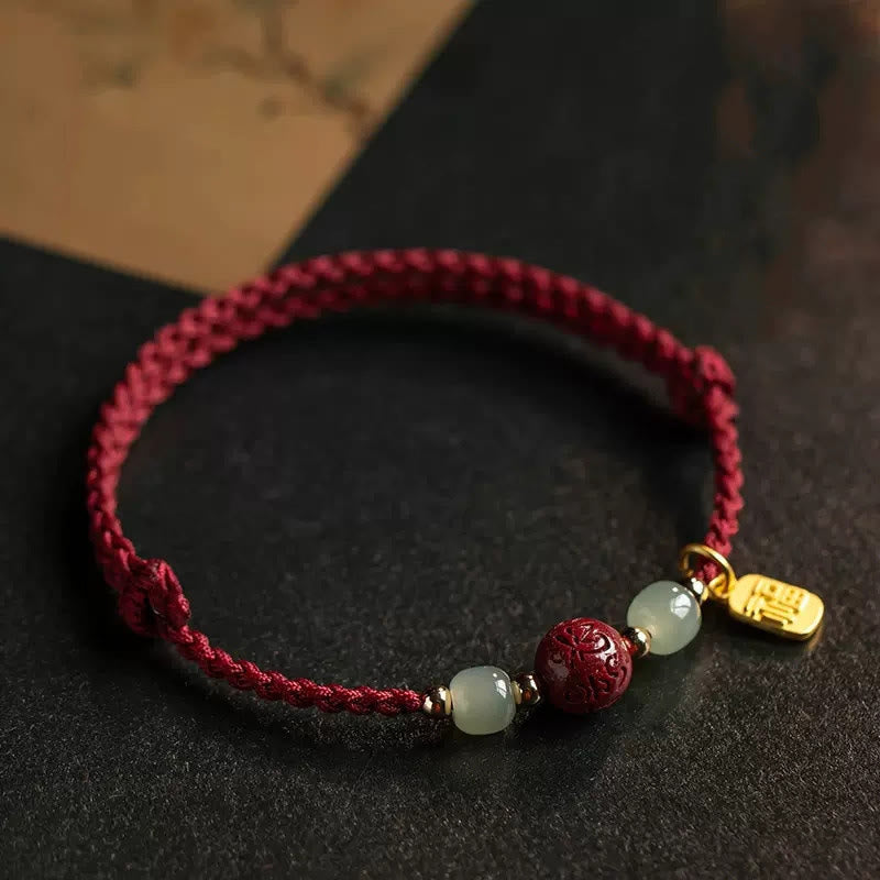Fu Character Hetian Jade Bead Om Mani Padme Hum Cinnabar Red String Prosperity Bracelet
