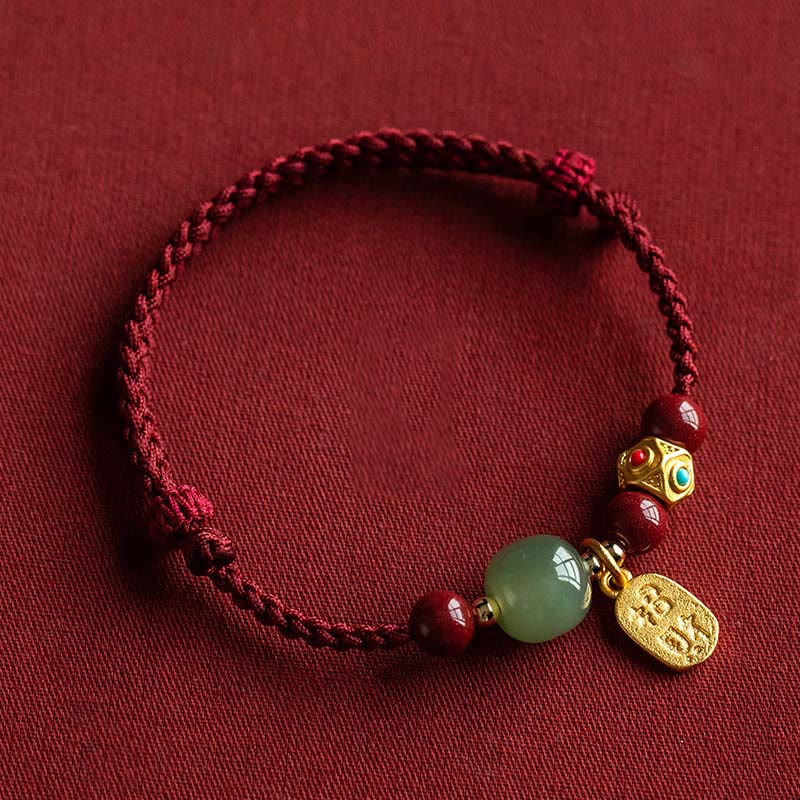 Lucky Fortune Charm Hetian Cyan Jade White Jade Multicolored Braided String Prosperity Bracelet