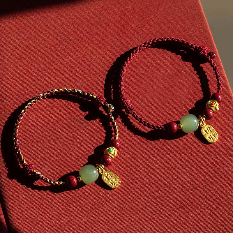 Lucky Fortune Charm Hetian Cyan Jade White Jade Multicolored Braided String Prosperity Bracelet