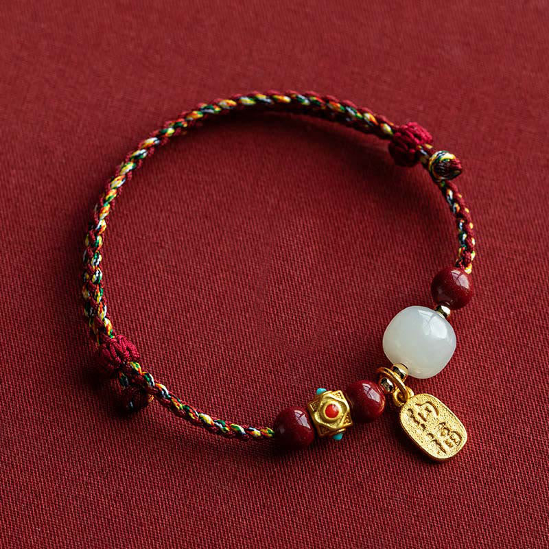 Lucky Fortune Charm Hetian Cyan Jade White Jade Multicolored Braided String Prosperity Bracelet