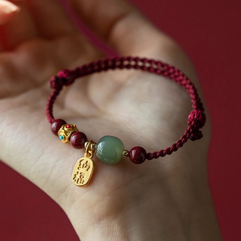 Lucky Fortune Charm Hetian Cyan Jade White Jade Multicolored Braided String Prosperity Bracelet