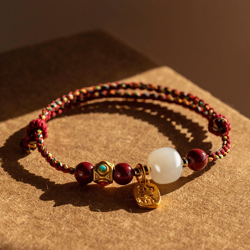Lucky Fortune Charm Hetian Cyan Jade White Jade Multicolored Braided String Prosperity Bracelet