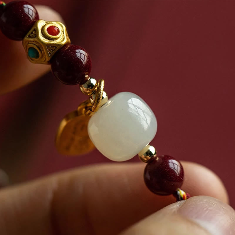 Lucky Fortune Charm Hetian Cyan Jade White Jade Multicolored Braided String Prosperity Bracelet