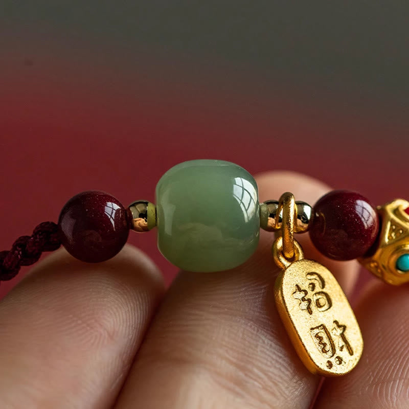 Lucky Fortune Charm Hetian Cyan Jade White Jade Multicolored Braided String Prosperity Bracelet