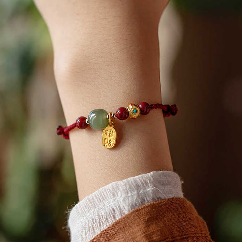 Lucky Fortune Charm Hetian Cyan Jade White Jade Multicolored Braided String Prosperity Bracelet