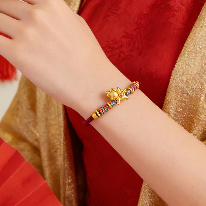 Year of the Horse 999 Sterling Silver Plated Gold Braided String Rope Protection Bracelet