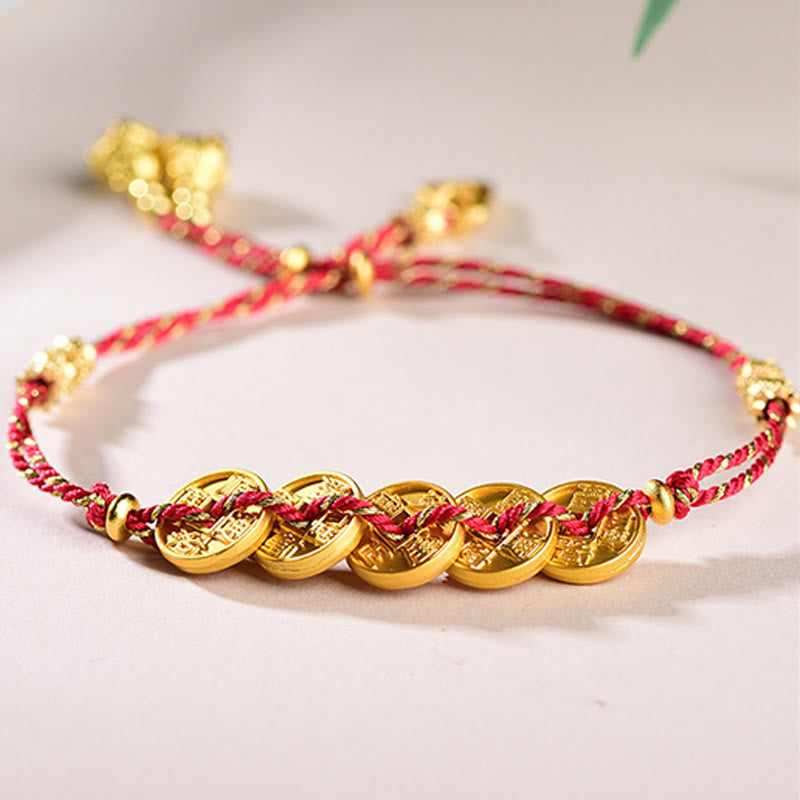 Five-Emperor Coins Copper Balance Hand-Woven String Bracelet