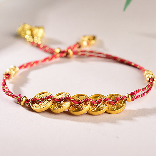 Five-Emperor Coins Copper Balance Hand-Woven String Bracelet