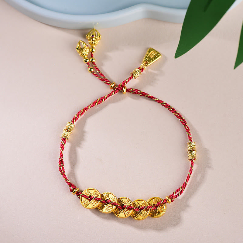 Five-Emperor Coins Copper Balance Hand-Woven String Bracelet