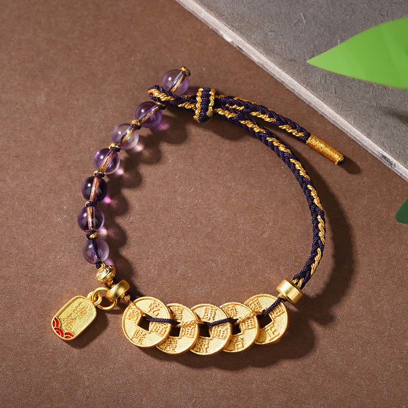 Five-Emperor Coins Copper Amethyst Cinnabar Black Red String Balance Attract Fortune Bracelet