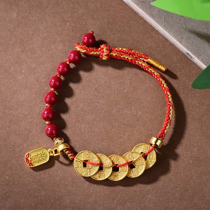 Five-Emperor Coins Copper Amethyst Cinnabar Black Red String Balance Attract Fortune Bracelet
