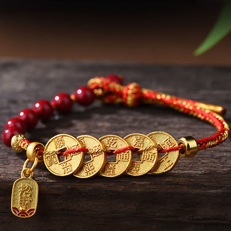 Five-Emperor Coins Copper Amethyst Cinnabar Black Red String Balance Attract Fortune Bracelet