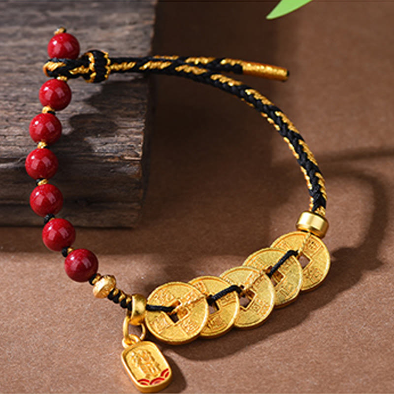 Five-Emperor Coins Copper Amethyst Cinnabar Black Red String Balance Attract Fortune Bracelet