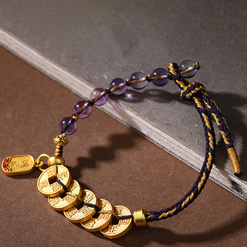 Five-Emperor Coins Copper Amethyst Cinnabar Black Red String Balance Attract Fortune Bracelet