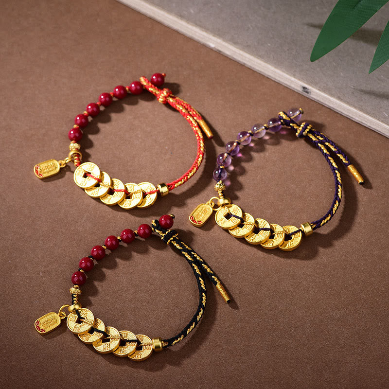 Five-Emperor Coins Copper Amethyst Cinnabar Black Red String Balance Attract Fortune Bracelet