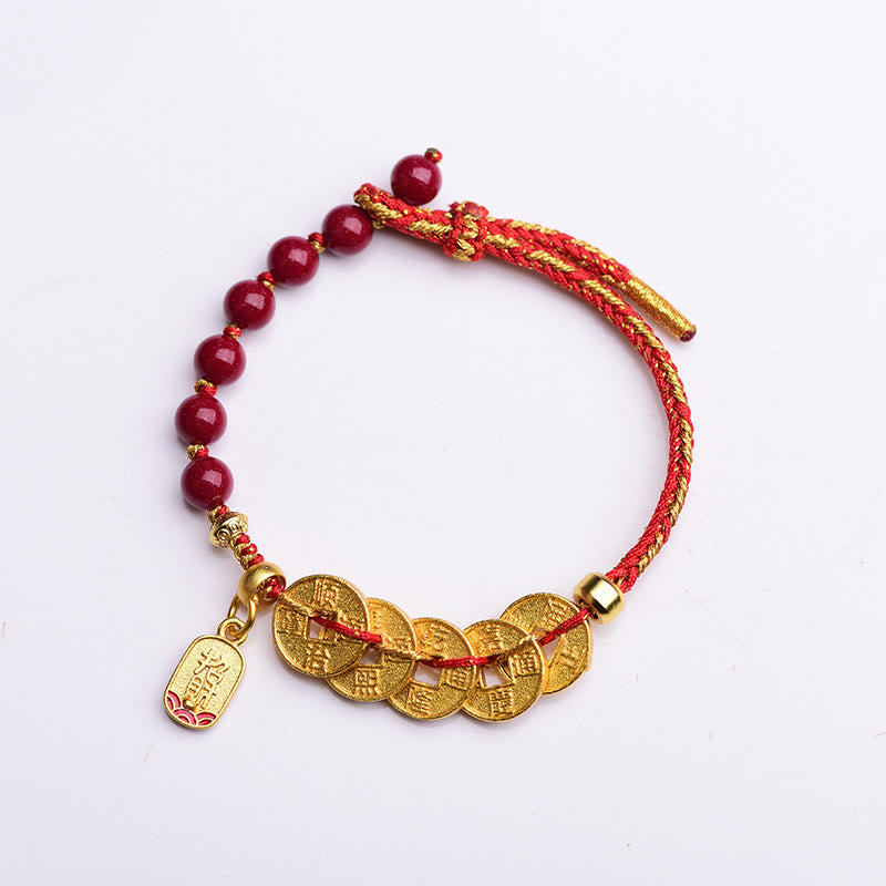 Five-Emperor Coins Copper Amethyst Cinnabar Black Red String Balance Attract Fortune Bracelet