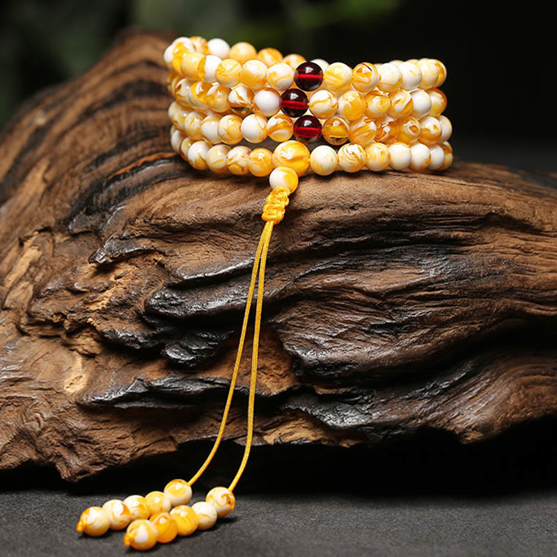 Tibetan White Yellow 108 Beads Amber Mala