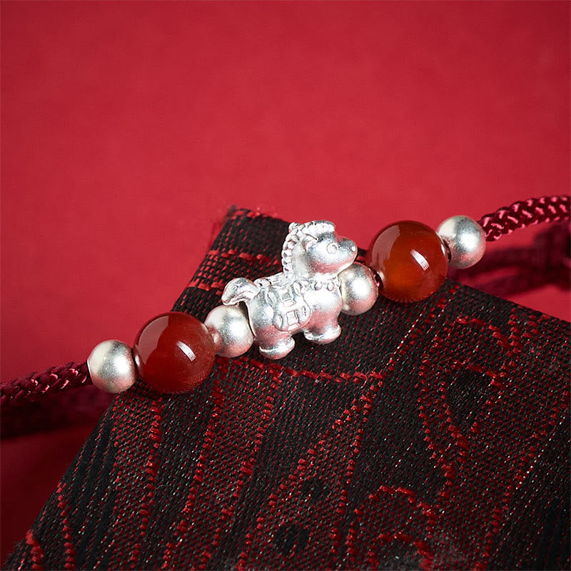 999 Sterling Silver Red Agate Year Of The Horse Prosperity String Bracelet