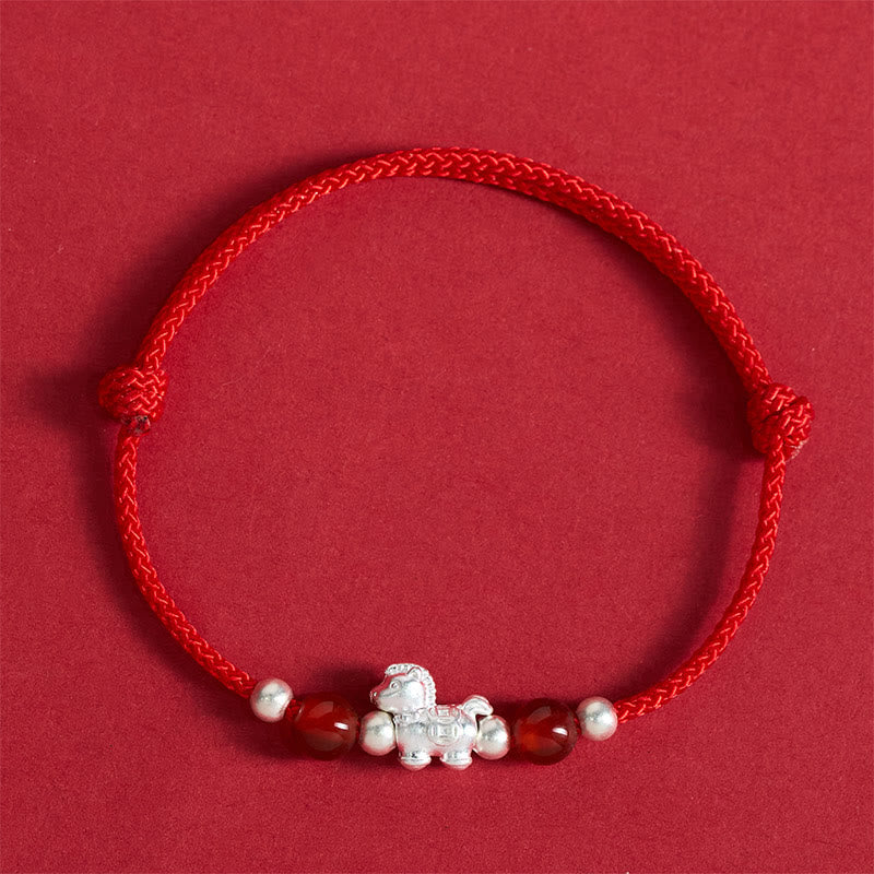 999 Sterling Silver Red Agate Year Of The Horse Prosperity String Bracelet