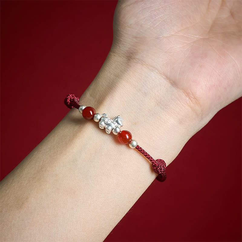999 Sterling Silver Red Agate Year Of The Horse Prosperity String Bracelet
