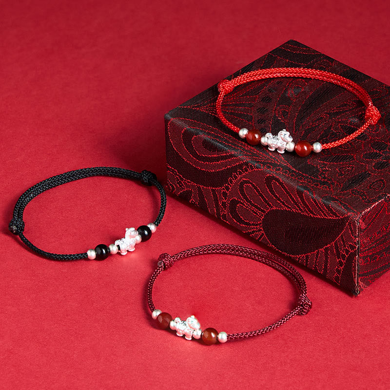 999 Sterling Silver Red Agate Year Of The Horse Prosperity String Bracelet