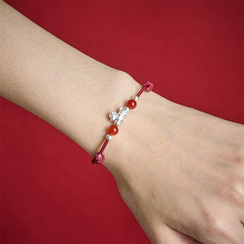 999 Sterling Silver Red Agate Year Of The Horse Prosperity String Bracelet