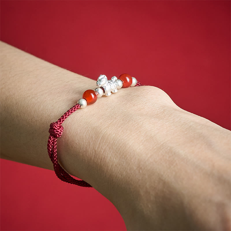 999 Sterling Silver Red Agate Year Of The Horse Prosperity String Bracelet