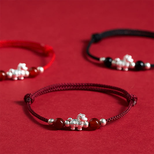 999 Sterling Silver Red Agate Year Of The Horse Prosperity String Bracelet