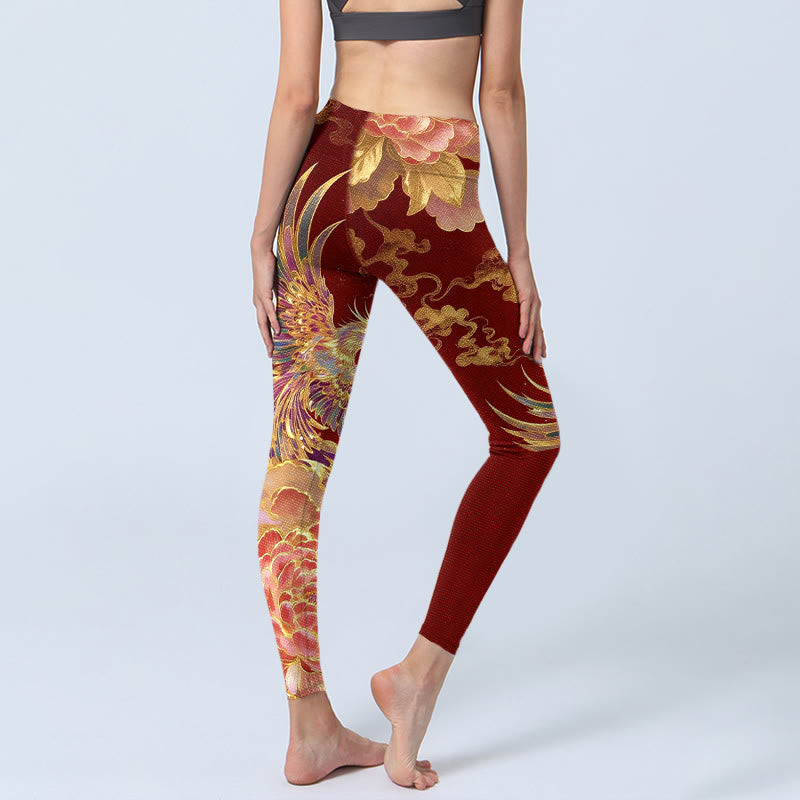 Gorgeous Phoenix Peony Cloud Pattern Print Gym Leggings Women's Yoga Pants