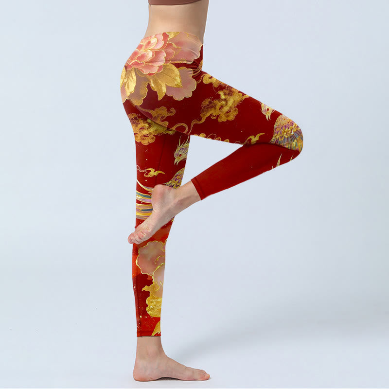 Gorgeous Phoenix Peony Cloud Pattern Print Gym Leggings Women's Yoga Pants