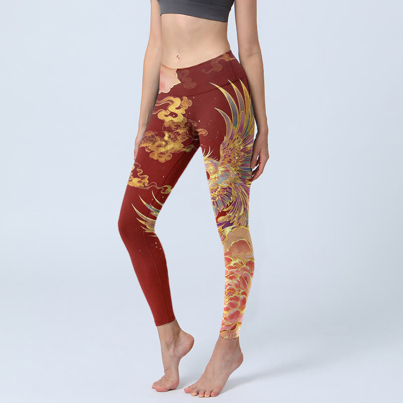 Gorgeous Phoenix Peony Cloud Pattern Print Gym Leggings Women's Yoga Pants