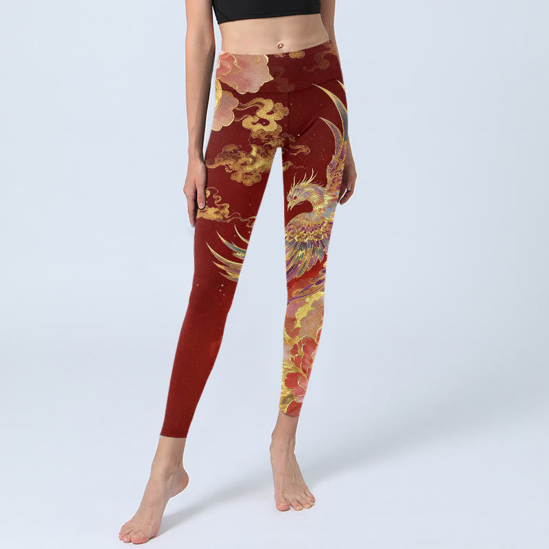 Gorgeous Phoenix Peony Cloud Pattern Print Gym Leggings Women's Yoga Pants