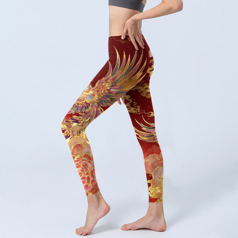 Gorgeous Phoenix Peony Cloud Pattern Print Gym Leggings Women's Yoga Pants