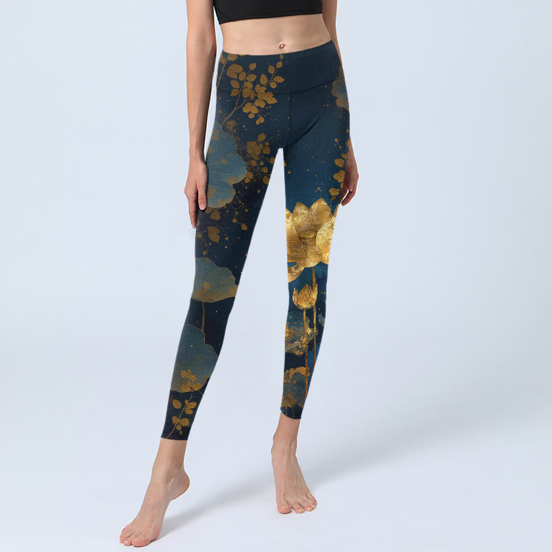 Elegant Dignified Lotus Flower Leaf Spot Pattern Print Gym Leggings Women's Yoga Pants