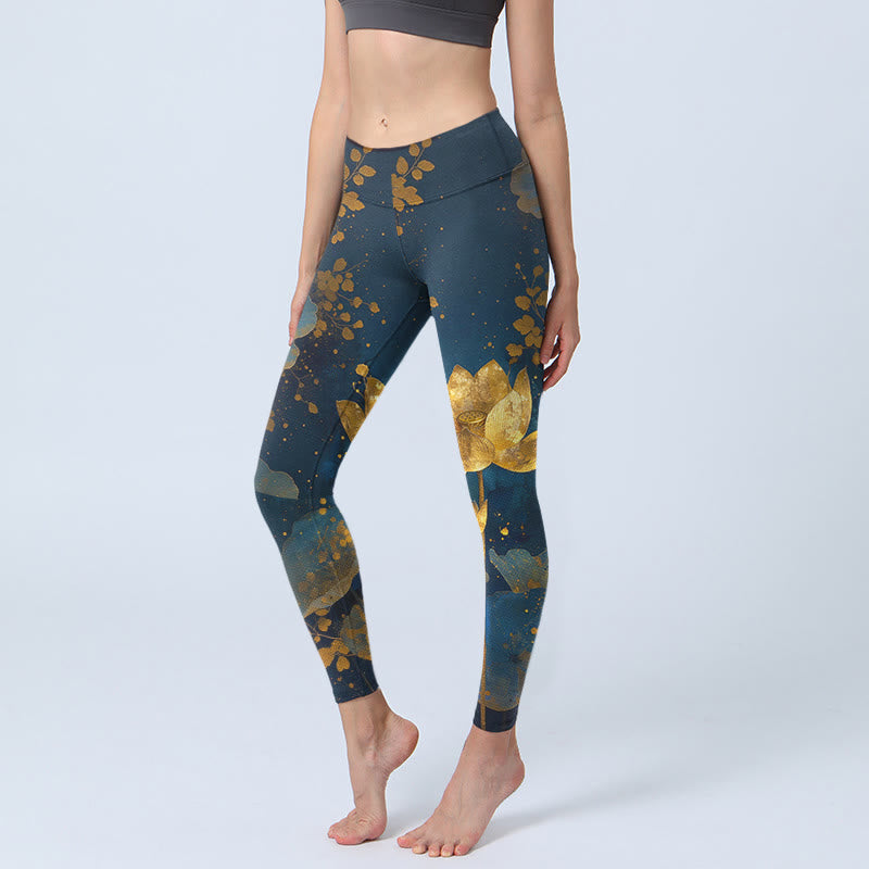 Elegant Dignified Lotus Flower Leaf Spot Pattern Print Gym Leggings Women's Yoga Pants