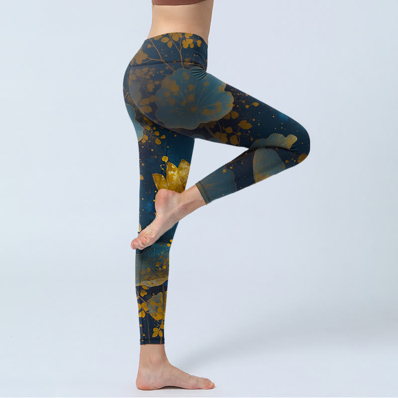 Elegant Dignified Lotus Flower Leaf Spot Pattern Print Gym Leggings Women's Yoga Pants