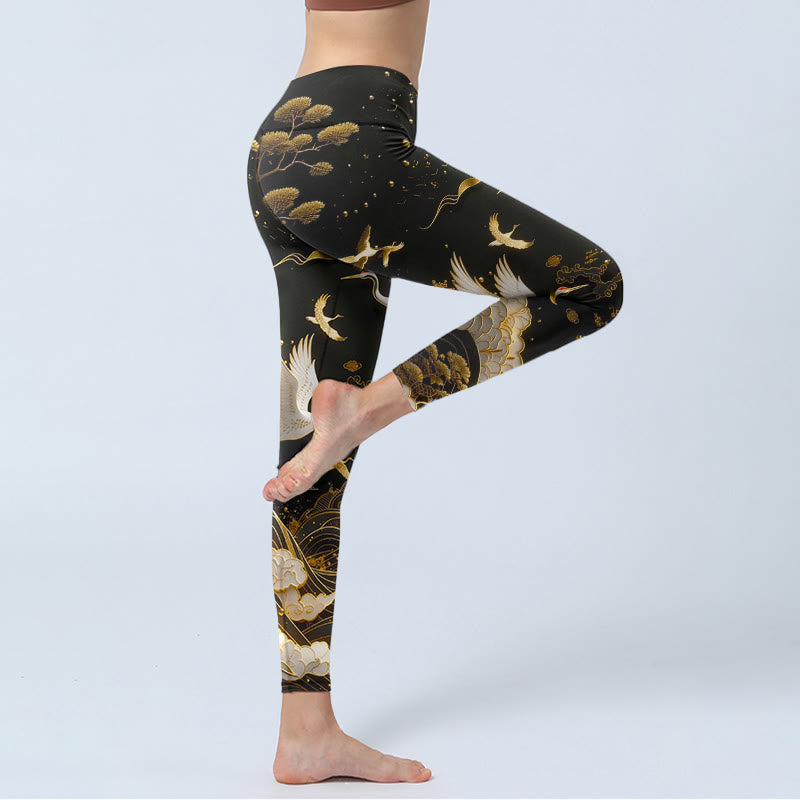 Crane Cloud Waves Pine Tree Pattern With Delicate Lines Print Gym Leggings Women's Yoga Pants