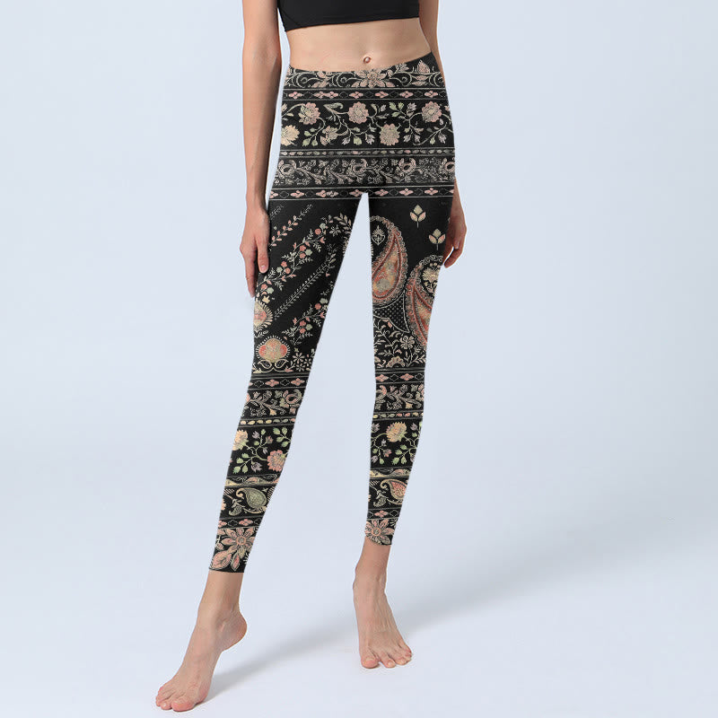 Retro Repetitive Flower Leaf Vine Pattern Print Gym Leggings Women's Yoga Pants