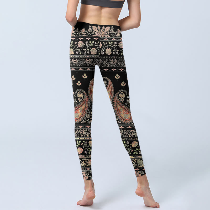 Retro Repetitive Flower Leaf Vine Pattern Print Gym Leggings Women's Yoga Pants
