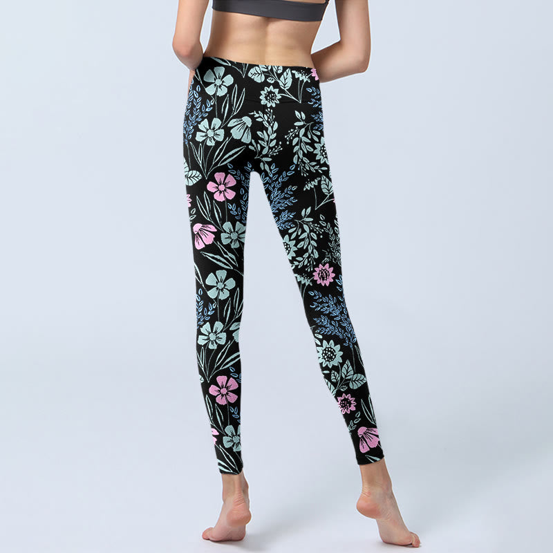 Bold Color Contrast Flower Leaf Pattern Print Gym Leggings Women's Yoga Pants