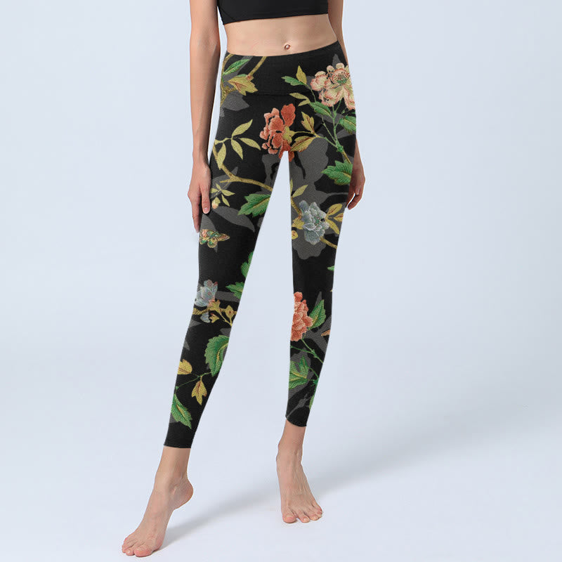 Classical Flower Leaf Butterfly Bird Pattern Print Gym Leggings Women's Yoga Pants