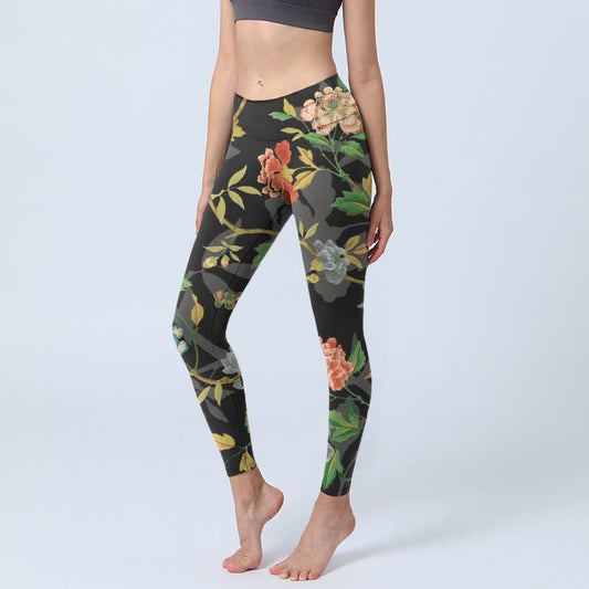 Classical Flower Leaf Butterfly Bird Pattern Print Gym Leggings Women's Yoga Pants