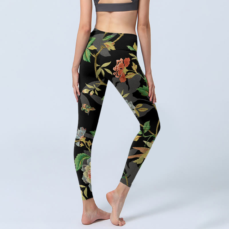 Classical Flower Leaf Butterfly Bird Pattern Print Gym Leggings Women's Yoga Pants