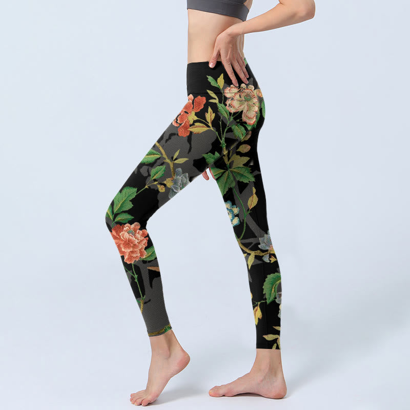 Classical Flower Leaf Butterfly Bird Pattern Print Gym Leggings Women's Yoga Pants