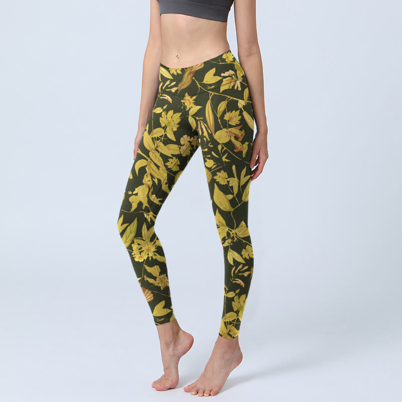 Luxurious Flower Leaf Bird Pattern Print Gym Leggings Women's Yoga Pants
