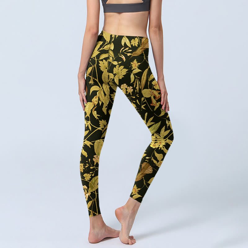Luxurious Flower Leaf Bird Pattern Print Gym Leggings Women's Yoga Pants