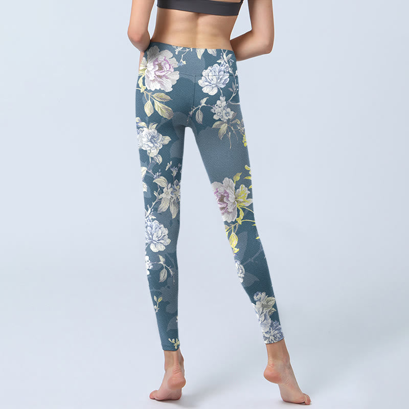 Softly Colored Flower Leaf Pattern Print Gym Leggings Women's Yoga Pants