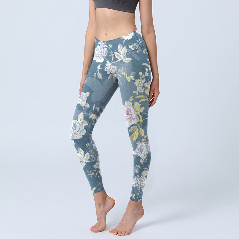 Softly Colored Flower Leaf Pattern Print Gym Leggings Women's Yoga Pants