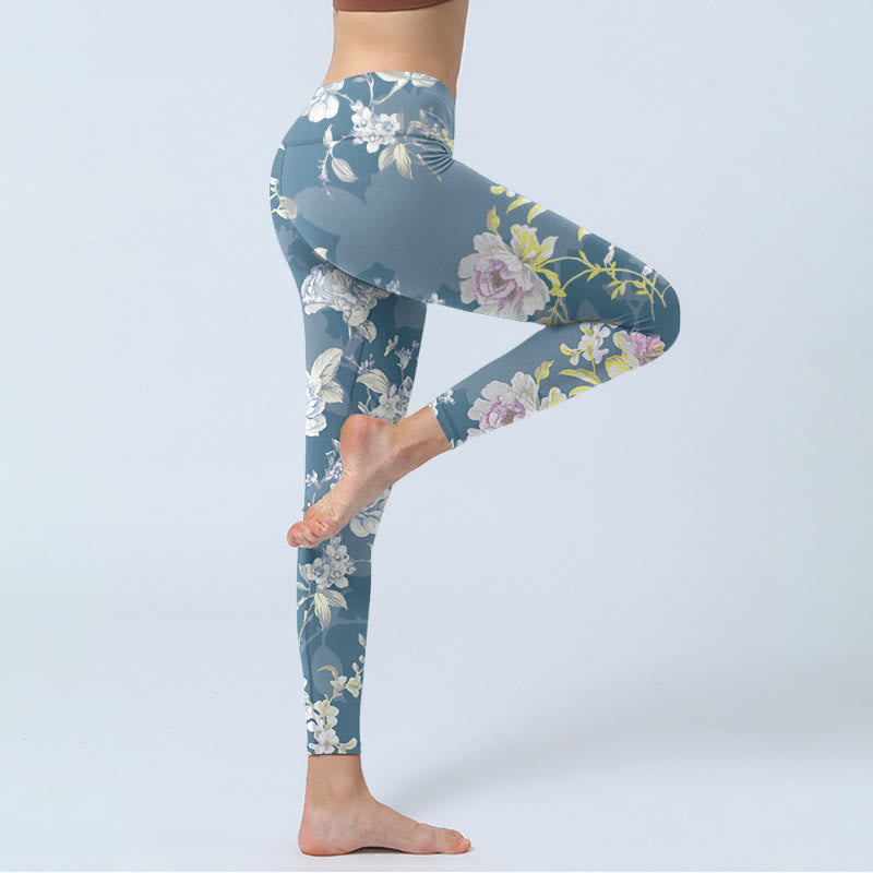 Softly Colored Flower Leaf Pattern Print Gym Leggings Women's Yoga Pants