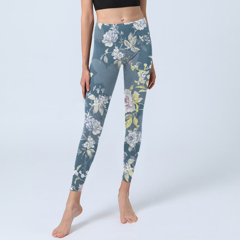 Softly Colored Flower Leaf Pattern Print Gym Leggings Women's Yoga Pants